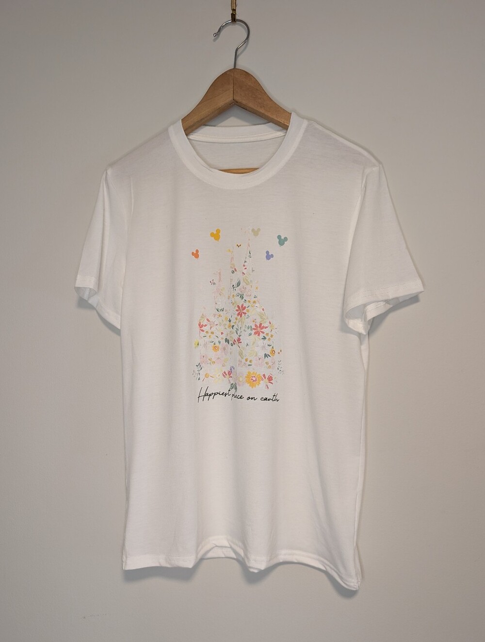 White Floral Disney Graphic Tee with Pastel Accents